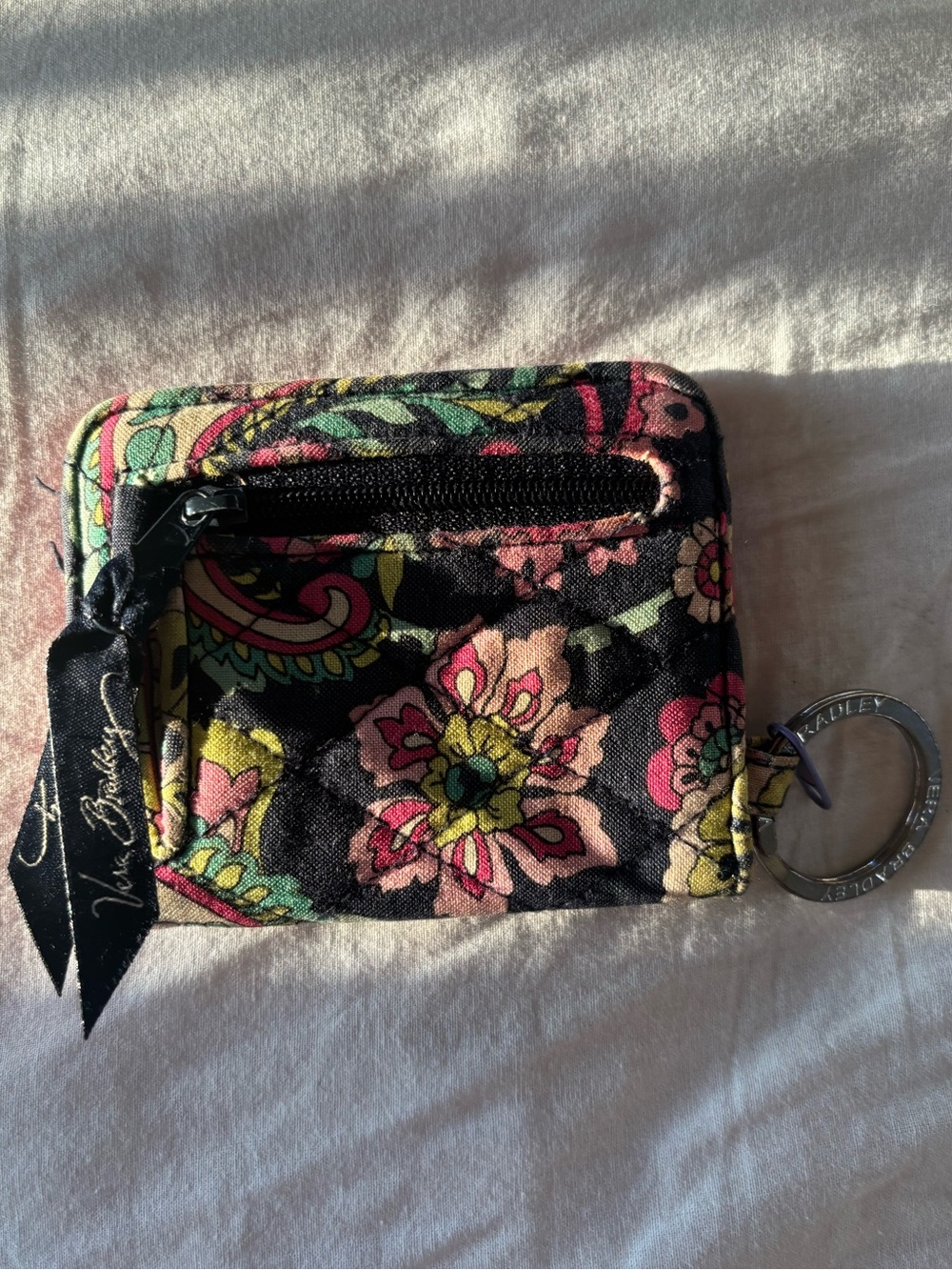 Vera Bradley Black Multi Floral Zip Card Case Key Ring